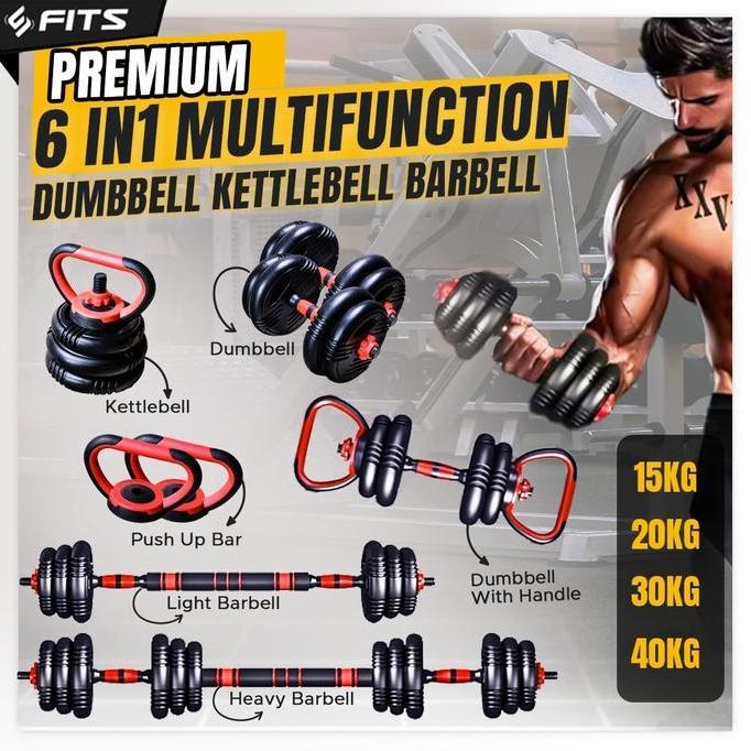 SFIDN FITS 6 in 1 Adjustable 15kg Dumbell Barbel Dumbbell Barbell Set