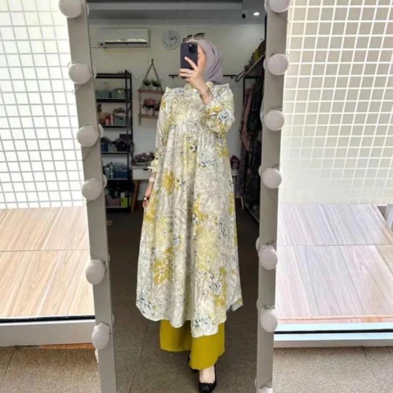 CALVORASUPPLY SETELAN LONG TUNIK  MOTIF BUNGA JASMINE KECIL BAHAN RAYON DIAMOND CELANA CRINGKEL BERK