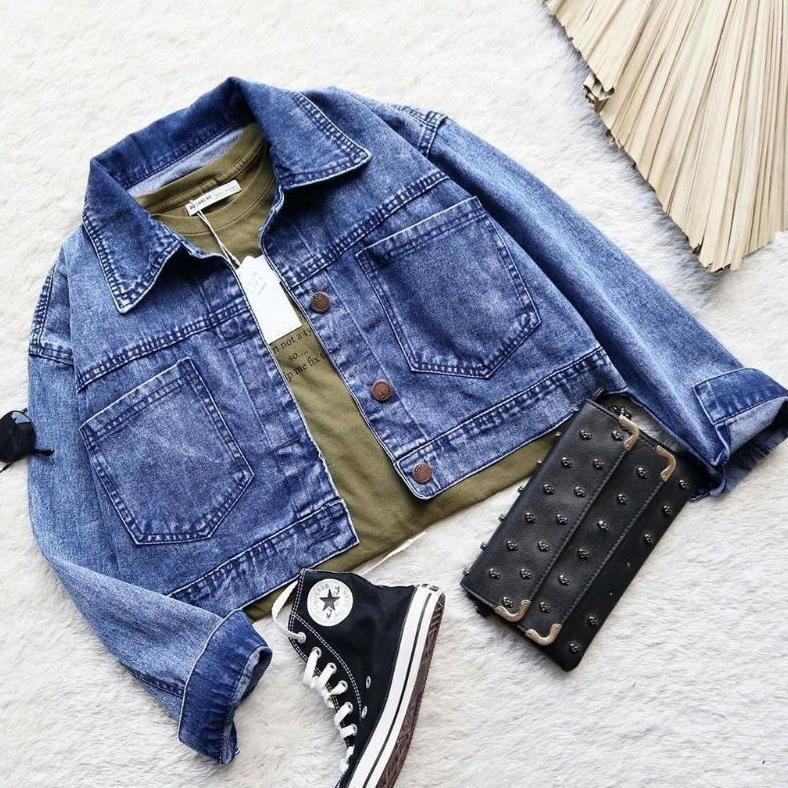 LIMITED Jaket Jeans Tali Belakang Crop Oversize Wanita Jaket Denim Terbaru