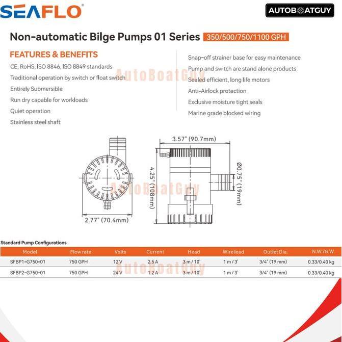 Ready Bilge Pump Manual SEAFLO 750 GPH 12V (Pompa Celup Kapal 750 GPH) SFBP1-G750-01