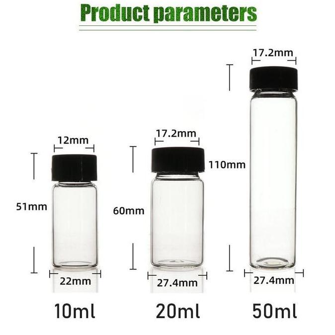 BAIAVY 5Pcs Botol Kaca Kecil Clear 10 Ml 20mL 50mL Tutup Ulir Hitam Refillable Vial Tester Sample La