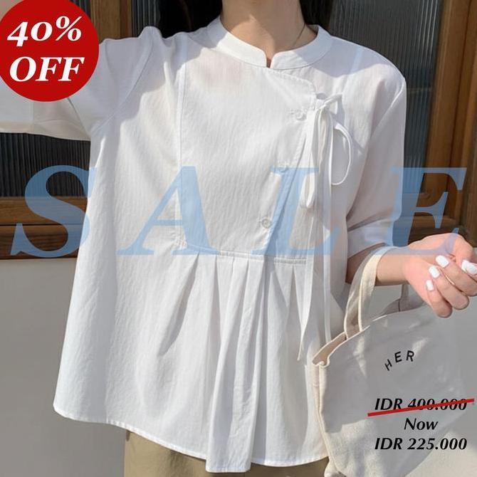 Blus Katun Blus Katun Putih Highneck Putih Kancing Pita Samping Korea
