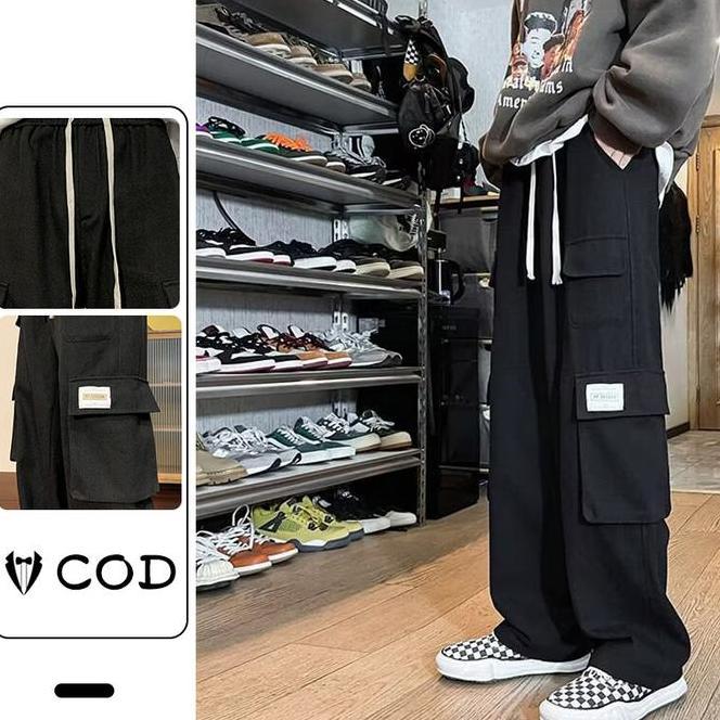Celana Cargo Celana Hitam Panjang Pria Gombrong Cowok