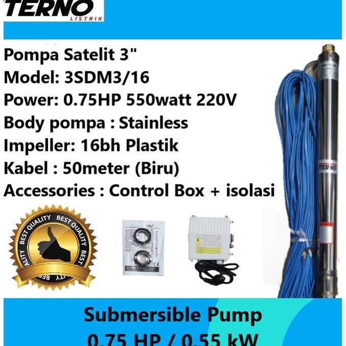Pompa Satelit Submersible 3 Inch 0.75Hp 0.55Kw Iterno Kabel Biru 50M
