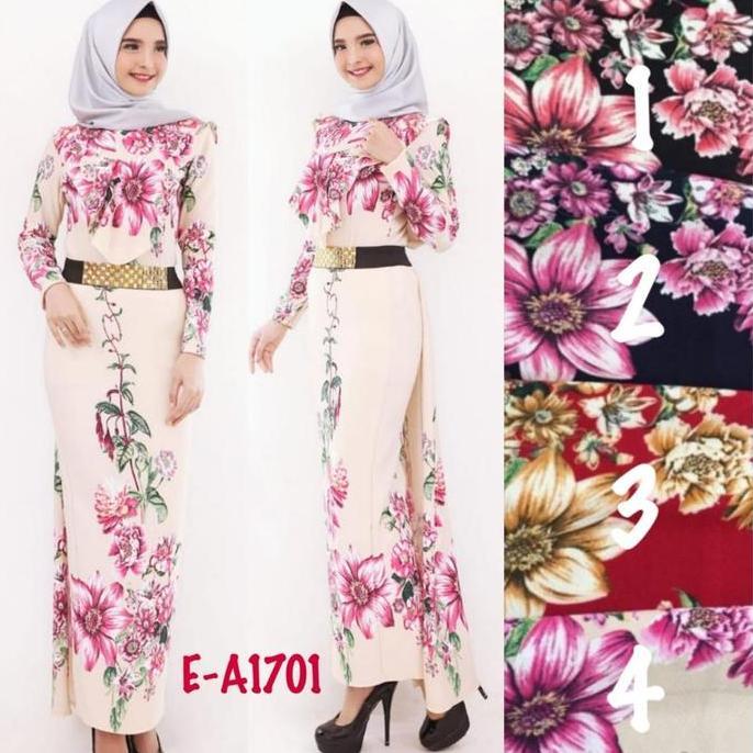 New 1701 # Long Dres Bahan Wafel Crepe Motif Flower Bunga Maxi  Wanita  Muslim  Gamis Midi Pesta Pro