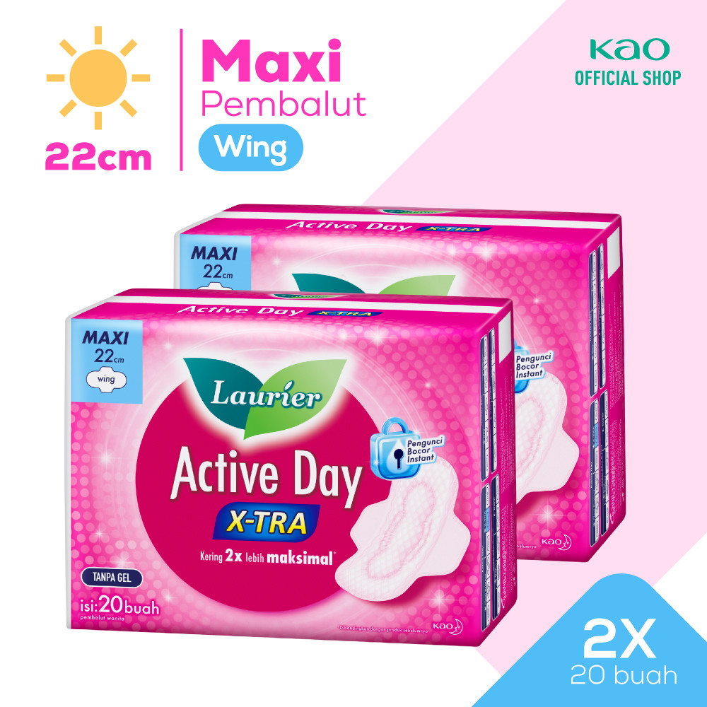 Laurier Active Day X-tra Pembalut Wanita Daya Serap Ekstra Bebas Bocor Wing 22cm isi 20 buah Twinpac
