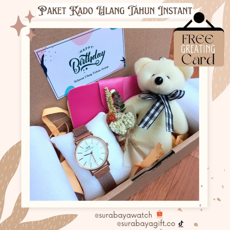 (Hemat Manis) Paket Hampers Ulang Tahun Cewek Gift Box Wisuda Mini Jam Tangan Rantai Pasir Hitam Par