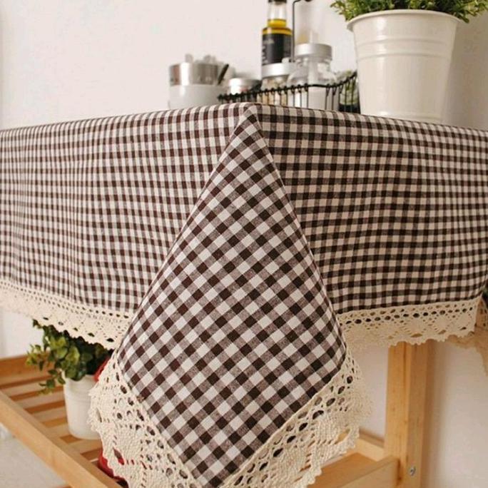 Taplak meja makan motif kotak 1cm dengan renda Kain Katun