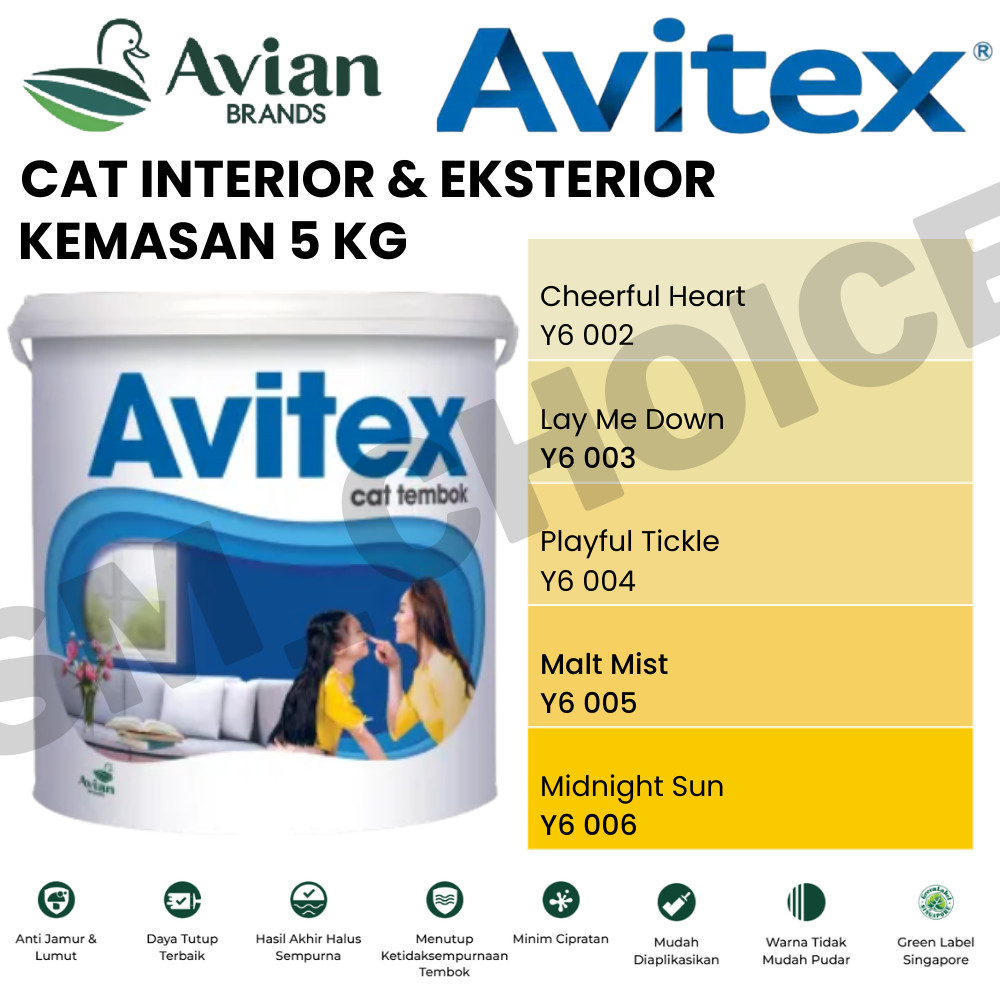 AVIAN AVITEX INTERIOR 5KG CAT TEMBOK 5KG KUNING / YELLO / KUNING ES MAMBO  5KG CAT TEMBOK INTERIOR
