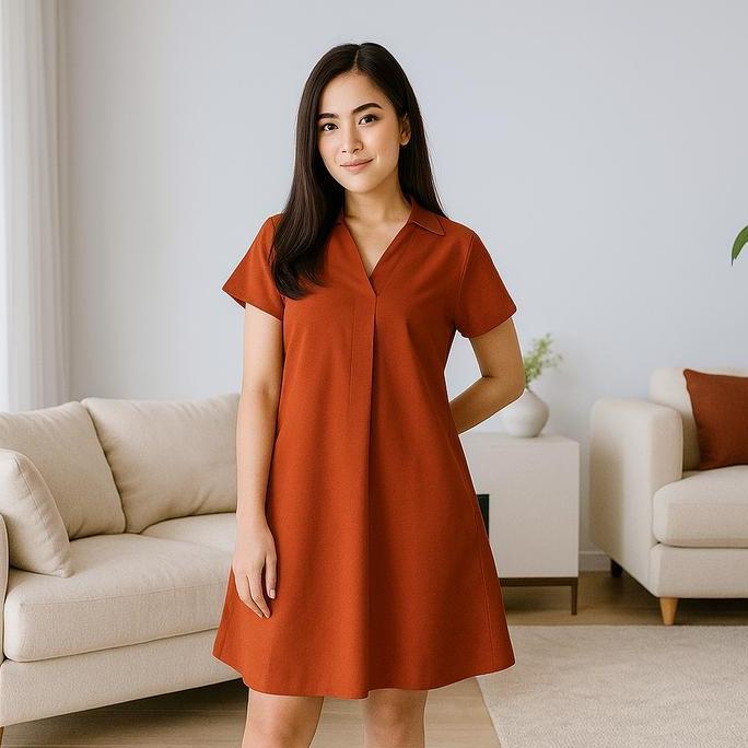 KASDIUM Fashion Fabric -  Dress Wanita Casual A-Line Mini Dress Kerah V-Neck lipat Lengan Pendek #41