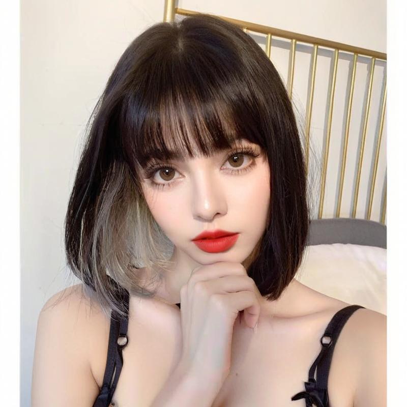 Wig Korean Style Bobo Lisa Rambut Pendek Wanita, Wig Rambut Asli PendekRambut Palsu Wanita Full Kepa