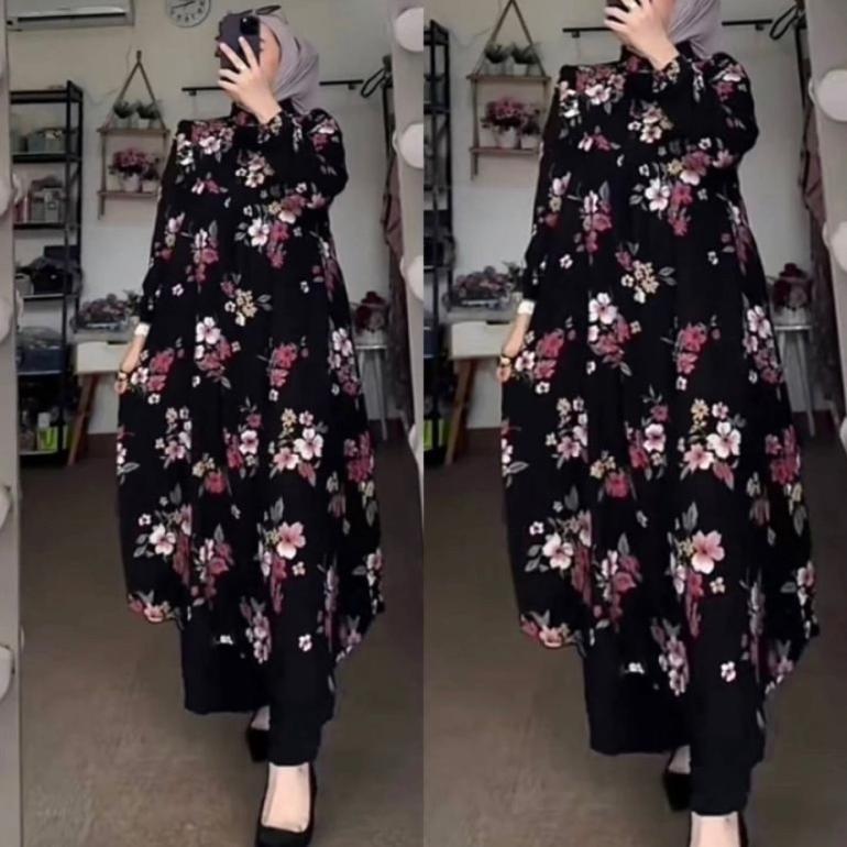EXCLUSIVE SETELAN LONG TUNIK  MOTIF BUNGA JASMINE KECIL BAHAN RAYON DIAMOND CELANA CRINGKEL