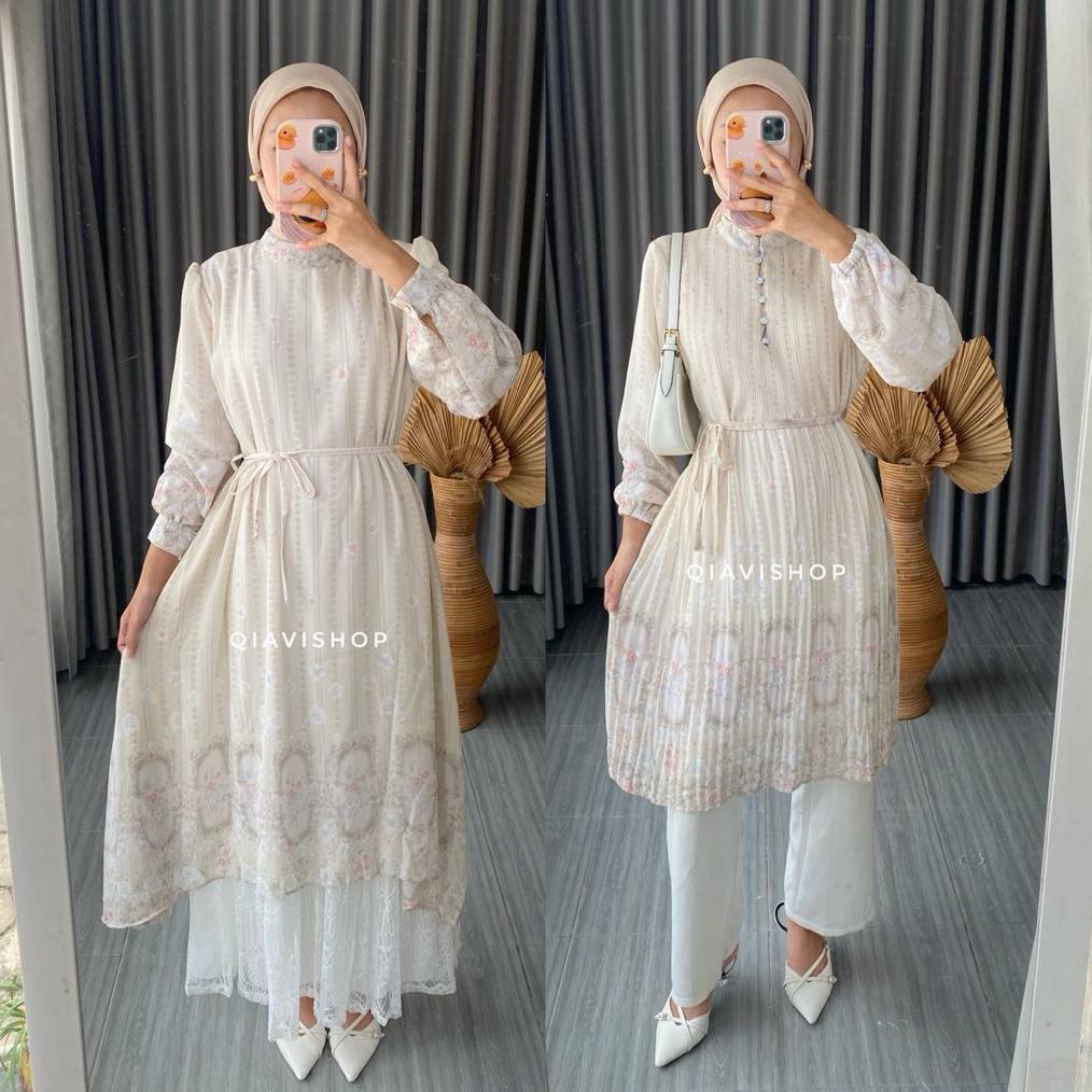 hot product qiavi shop - revi tunik / tunic atasan plisket simple mewah motif cantik warna pastel ku