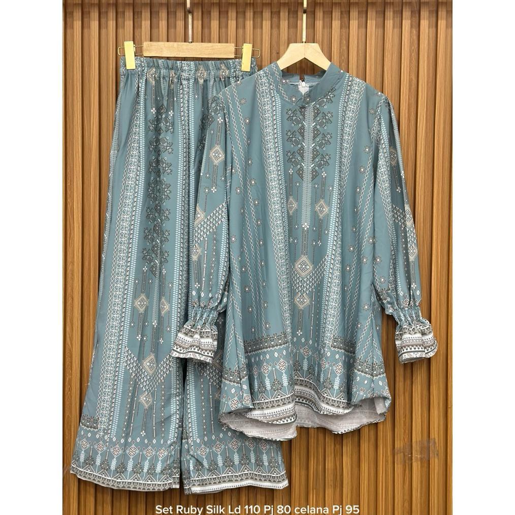 TERBARU SETELAN TUNIK RUBBY SILK PREMIUM/SET TUNIK SILK