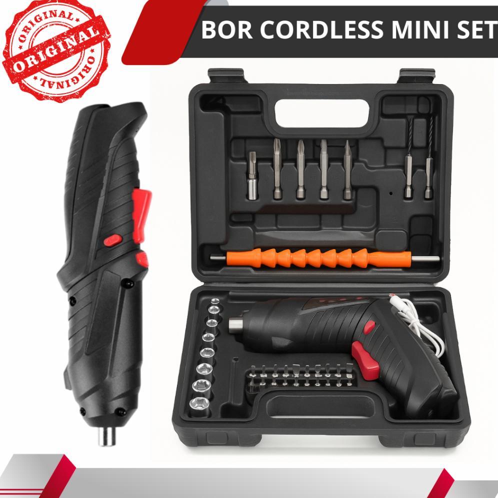 Promo Bor Obeng Elektrik Set Komplit 48 Pcs Cordless Screwdriver Charger Bor Mini Baterai Tanpa Kabe