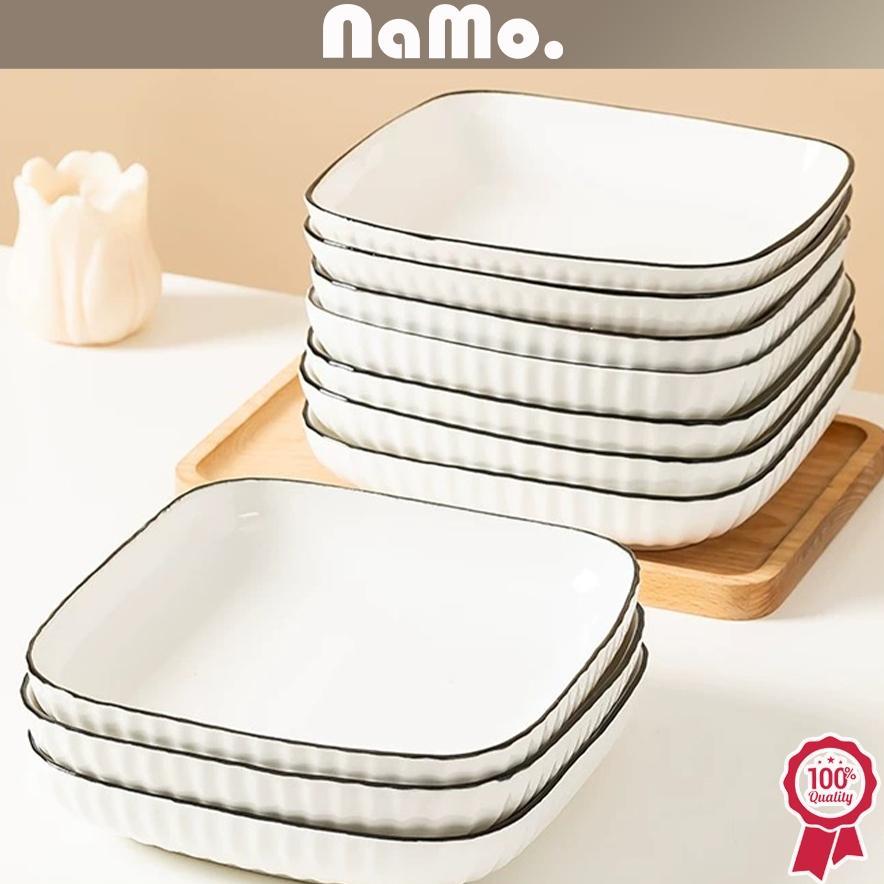 murah namo gift - piring makan kotak keramik putih list black yamada style/ piring persegi japanese 