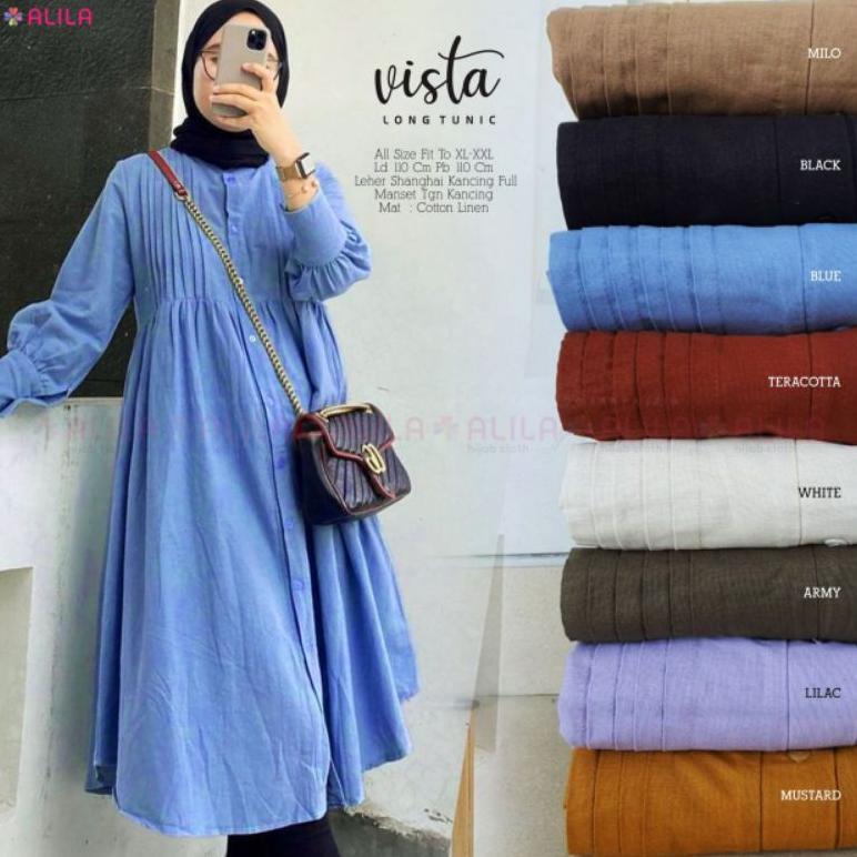 READY STOCK Vista Long Tunik Bahan Cotton Linen Import Ori Berlabel ALILA/Long Tunik Katun Polos Ld 