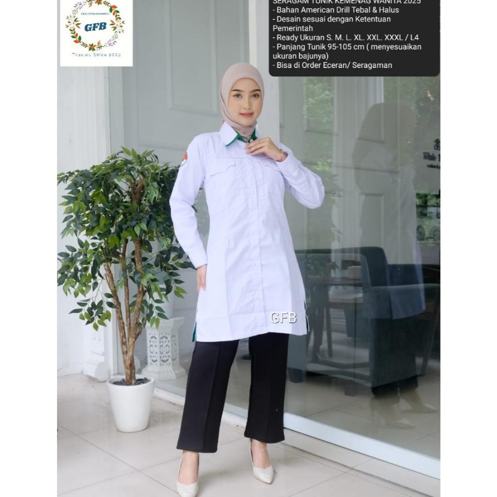original tunik kemenag putih wanita lengan panjang / baju wanita asn putih / tunik pdh wanita putih 