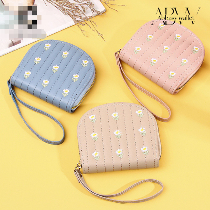 Dompet Koin Wanita Mini Bordir Bunga Daisy Elegant – Dompet Kecil Resleting Lucu dengan Tali