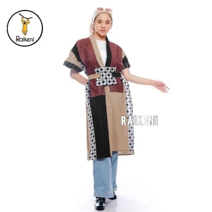 RAIKENI Kimono Okashi Panjang | Kimono Batik Tenun Unik | Outer Batik Tenun | Vest Etnik Tenun Batik