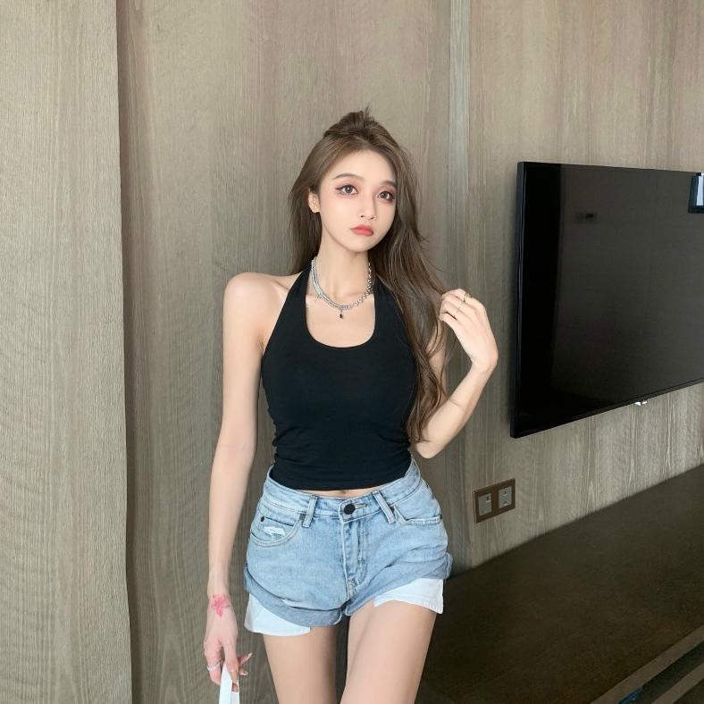 ORIGINAL Woomy - BR407 Tank Top Crop Atasan Wanita Tanpa Lengan Sexy U-Neck Halter