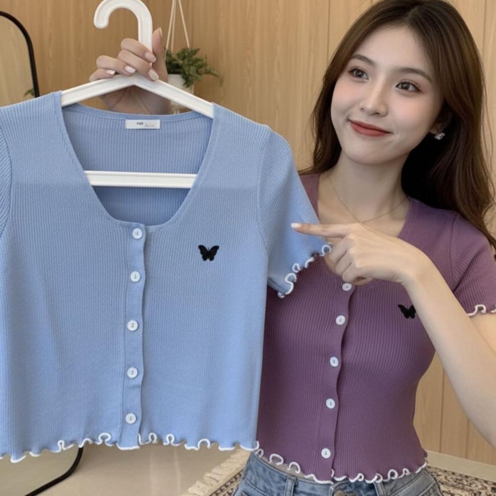 Termurah Elody Crop Top Button Rib Butterfly / Kaos Crop Top Lengan Pendek Korean Style Atasan Wanit