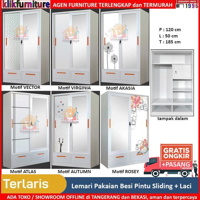 Lemari Pakaian Besi Sliding Cermin + 2 Laci + Brankas AKASIA 120 LC