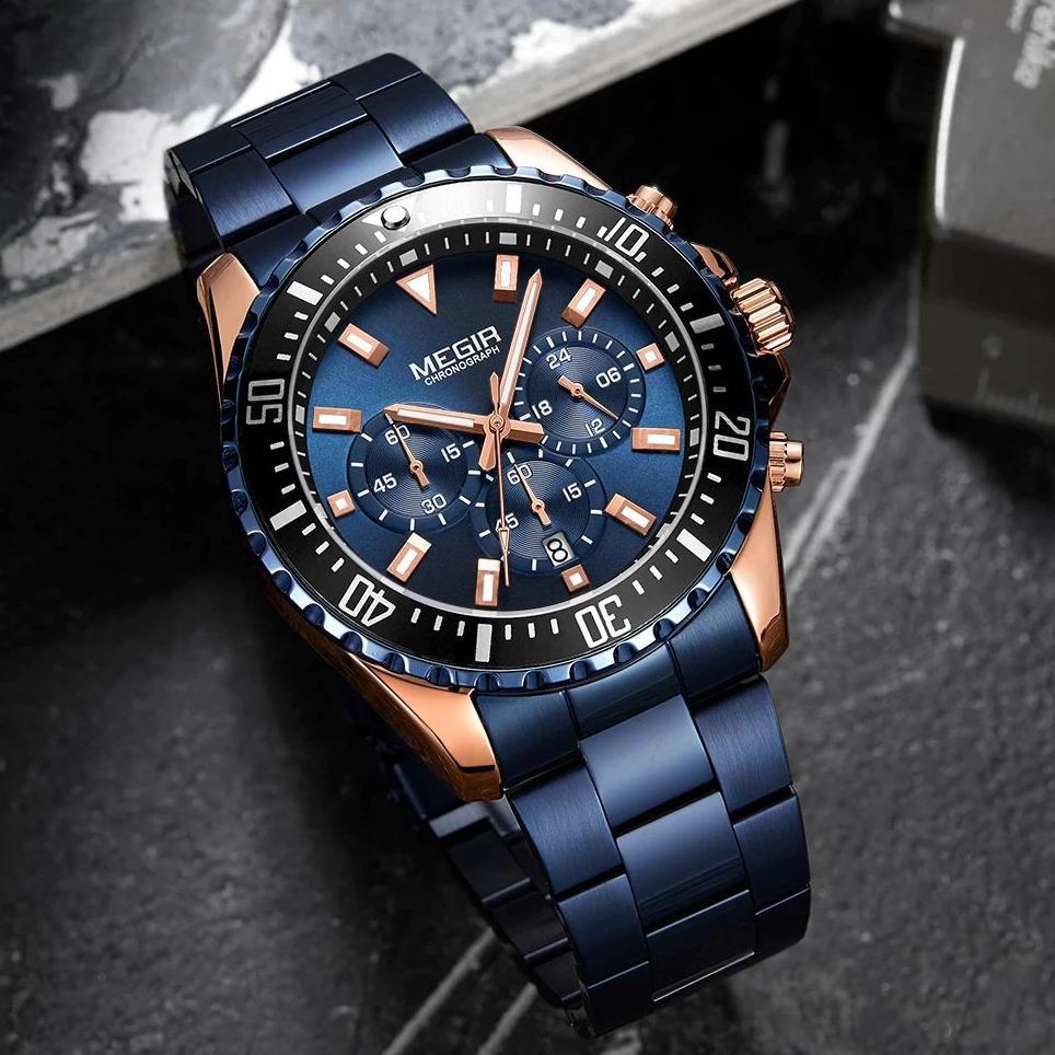 MEGIR 2064 Jam Tangan Pria Analog Chronograph Tali Stainless Luminous MGOS