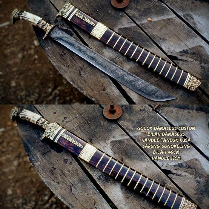 golok baja Damaskus super premium gagang tanduk RS