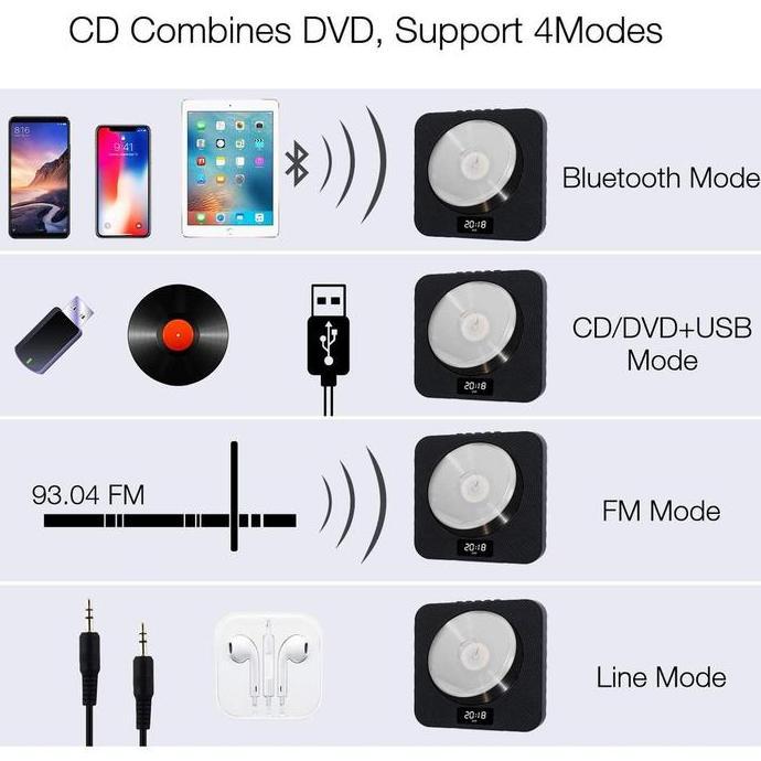 INDIALO Portable CD Player/Wall Mountable Portable Bluetooth CD Player