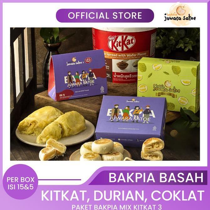 JUWARA SATOE [ 3 BOX ] PAKET BAKPIA BASAH KITKAT 3 [KITKAT, DURIAN, COKLAT] - OLEH-OLEH KHAS JOGJA