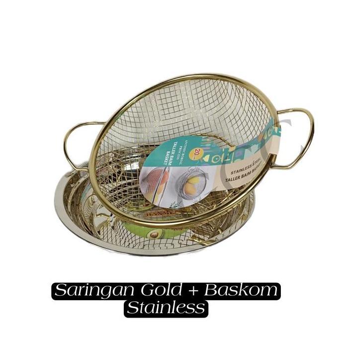 Kuteka- Keranjang Buah Estetik Warna Gold Kombinasi Nampan Stainless Saringan Peniris Elegan Sultan 