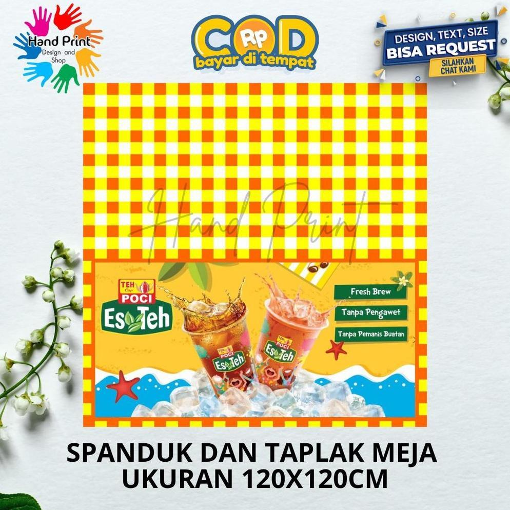 TERBARU 2026 Cetak Spanduk Banner Taplak Meja Es teh poci MMT Custom 120x120 CM