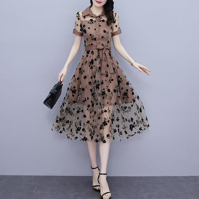 FANMU 4097 wanita gereja dress simpel elegan korean style party kristen selutut brokat wanita kekini