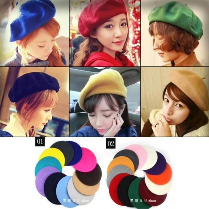 Topi Baret Wool Pelukis Pria Wanita Biru Merah TM