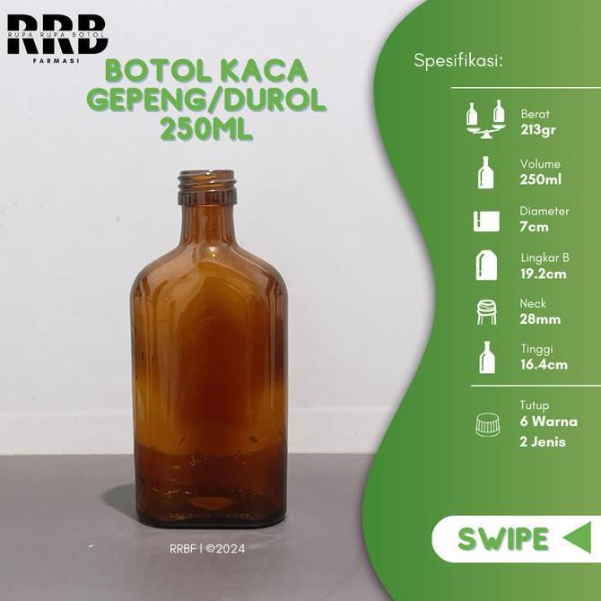 Botol kaca gepeng coklat 250ml KEMASAN KOPI/ FARMASI botol amber 250ml
