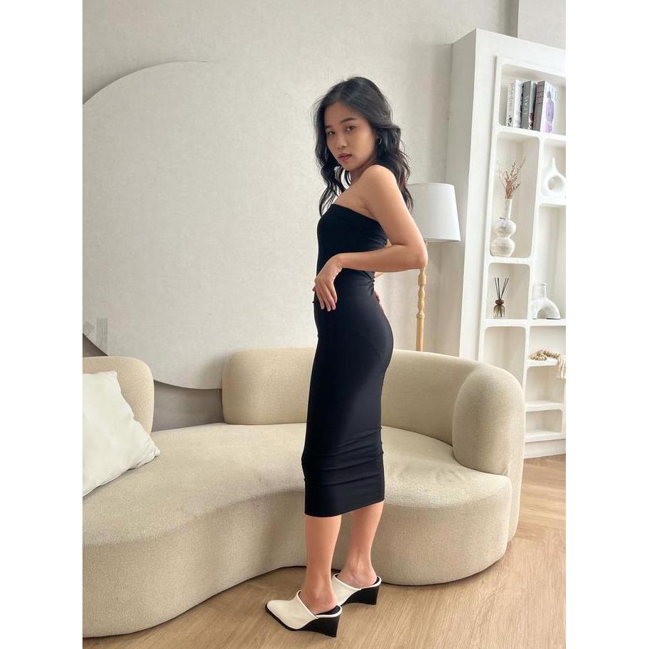 Kleid- [Lolabae] Win Baju Terusan Wanita | Bodycon Midi Dress Strapless | Terusan Kemben Casual Hita