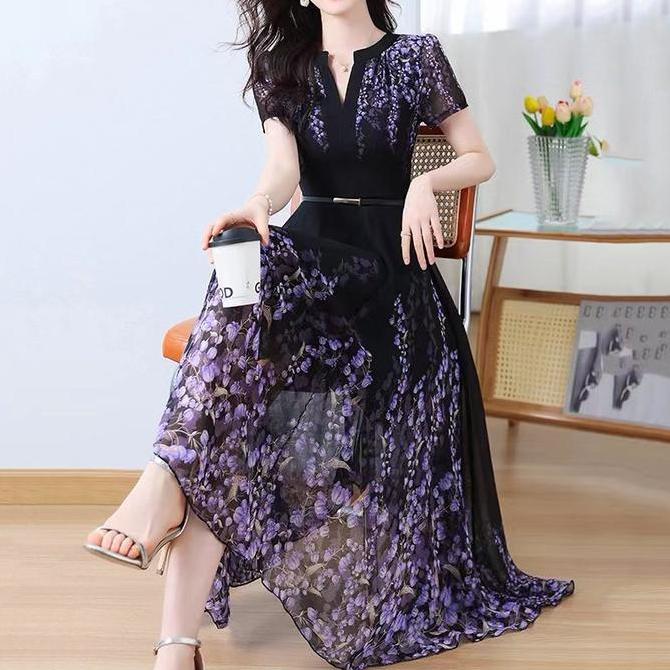 Kleid- Panjang Dress Kondangan Premium Dres Sifon Motif Bunga Dress Flora Hitam  Modern Terbaru Eleg