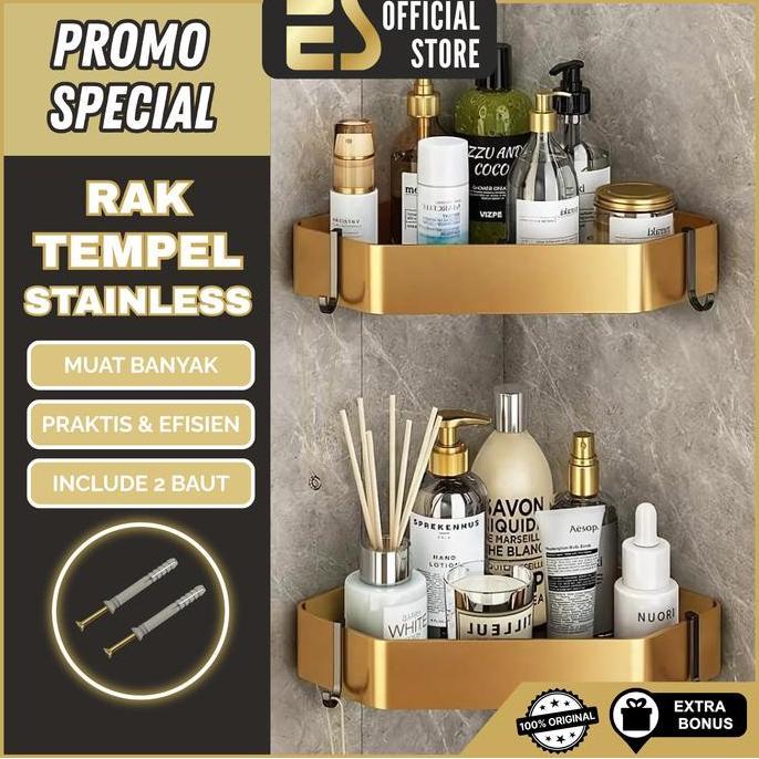 ES Rak Sudut Kamar Mandi Stainless Rak Sabun Shampoo Kamar Mandi Premium Tahan Karat Tempel Dinding 