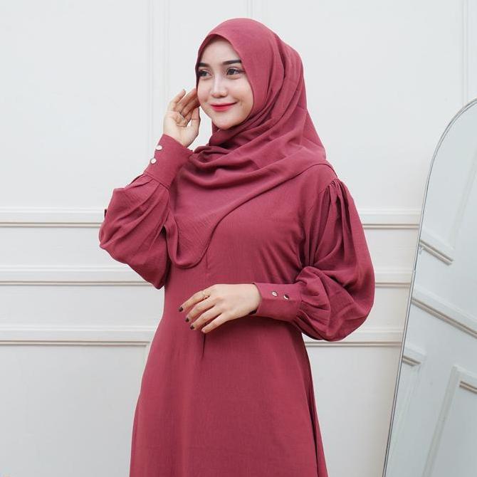 Set Hijab Cinkle Airflow Polos R-DAFA Gamis Delina dengan Resleting, Tali Samping - Putih, Hitam, Na