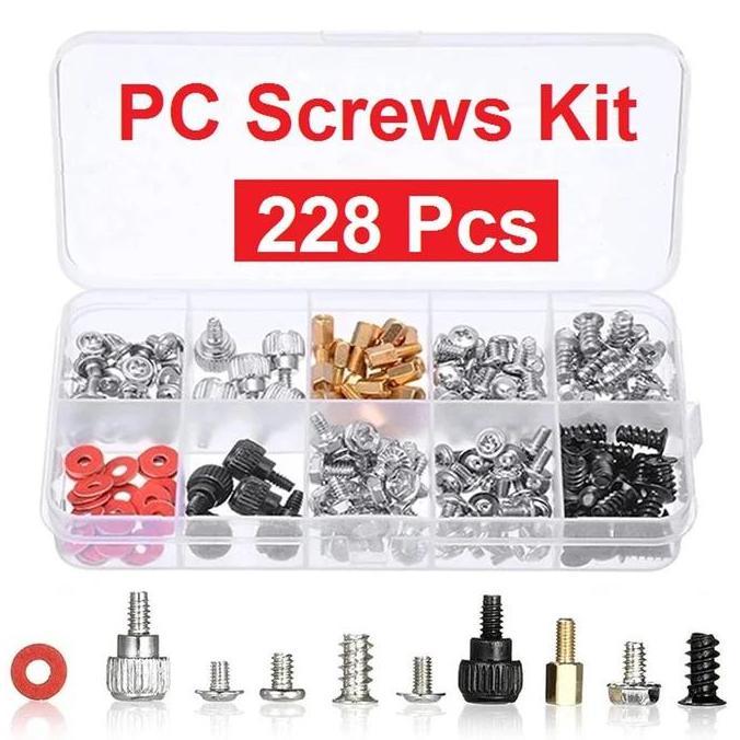 Paket Lengkap Baut Komputer 228Pcs Mur PC Screw Set Lengkap CPU Rakitan Box Sekrup Spacer Ring CMOS 