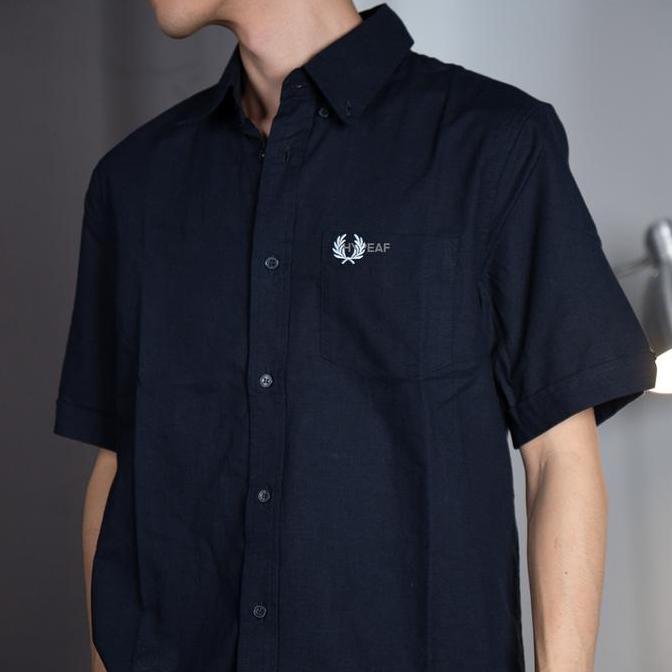 FRED PERRY Black Navy Short Sleeve Shirt Kemeja Lengan Pendek Original