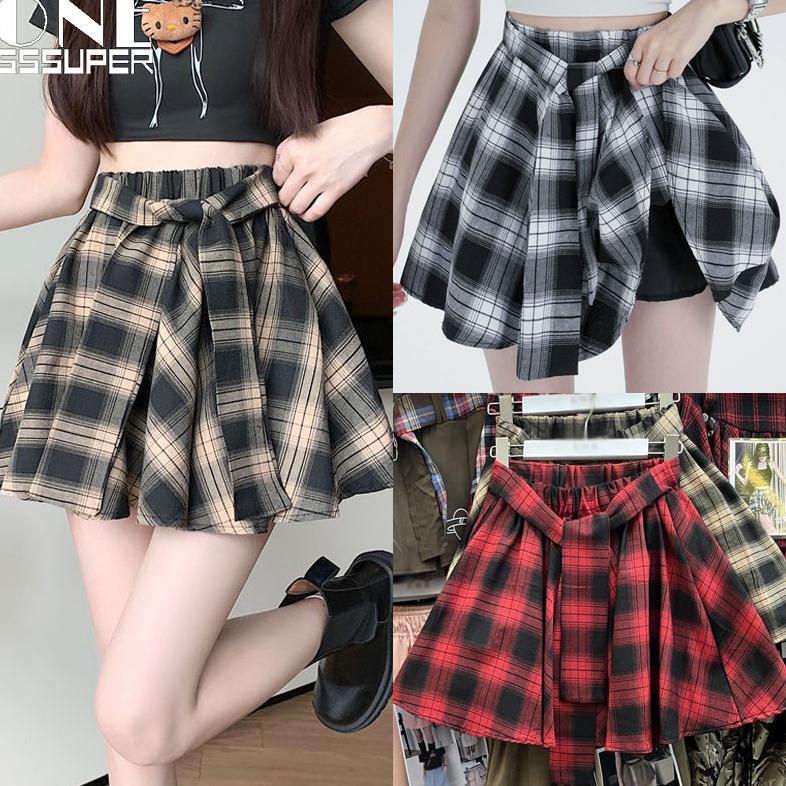 Sale S-2XL Rok Pendek Pinggang Tinggi Ala Korea Rok Pendek Kemeja Kotak-kotak Rok Pendek Tidak Berat