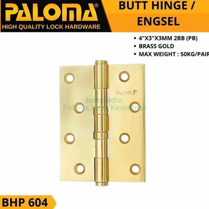 PALOMA BHP 604 ENGSEL PINTU BRASS 4"X3"X3MM 2BB GOLD HINGE ENGSEL