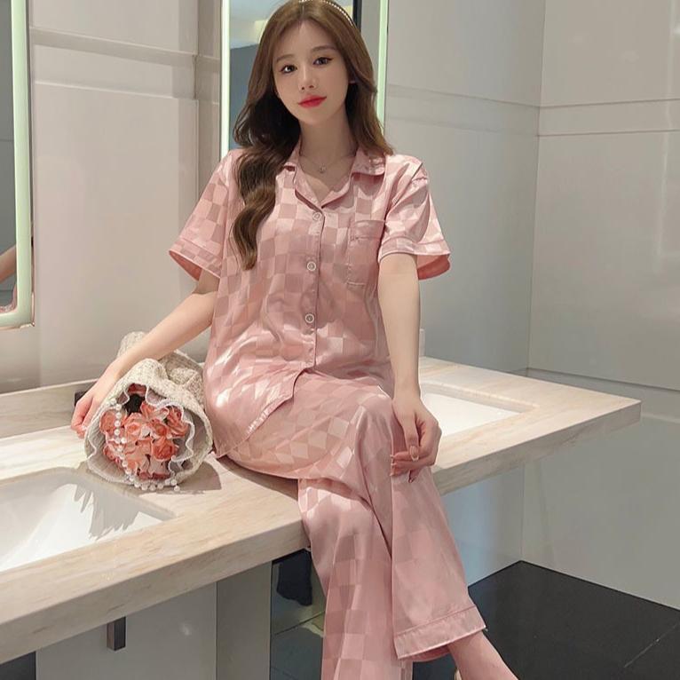 TERMURAH { MyReseller }  Stelan Baju Tidur Import Ice Silk Wanita Dewasa Musim Dingin Short Sleeve K