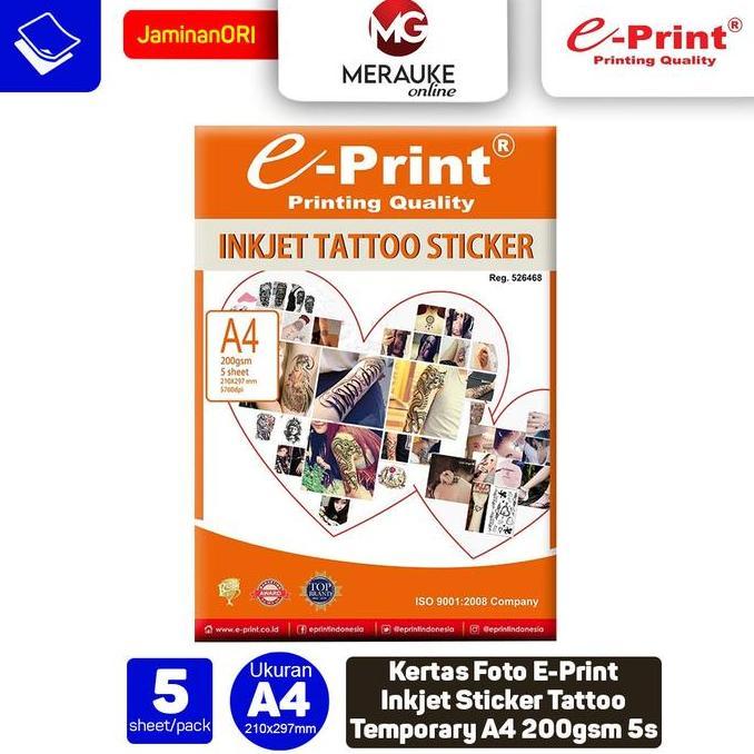 Kertas Foto E-Print Inkjet Sticker Tattoo Temporary A4 200gsm 5s