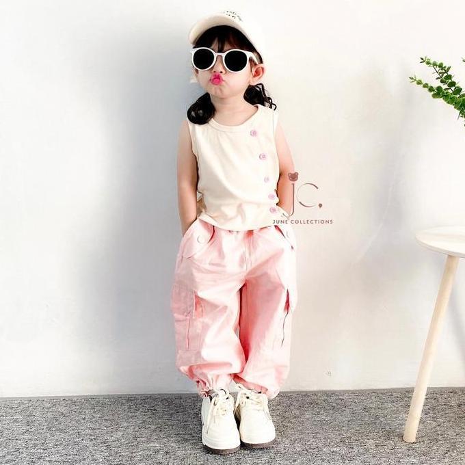 Junecollections Setelan Celana Cargo Hits Anak Perempuan Fashion Celana Anak Cewek Warna Nude Pink S