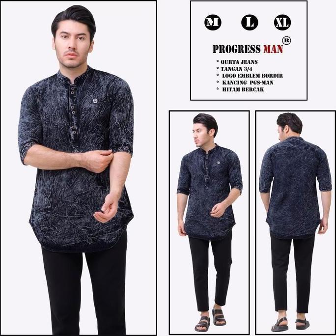 New Kemeja Koko Kurta Jeans Denim Premium / Koko Pria Dewasa Lengan 3/4 Full Kancing