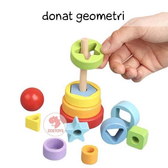 Zoetoys Menara Geometri Donat Pelangi | Ring Rainbow Tower | Menara Pelangi Kayu | Mainan Edukasi An