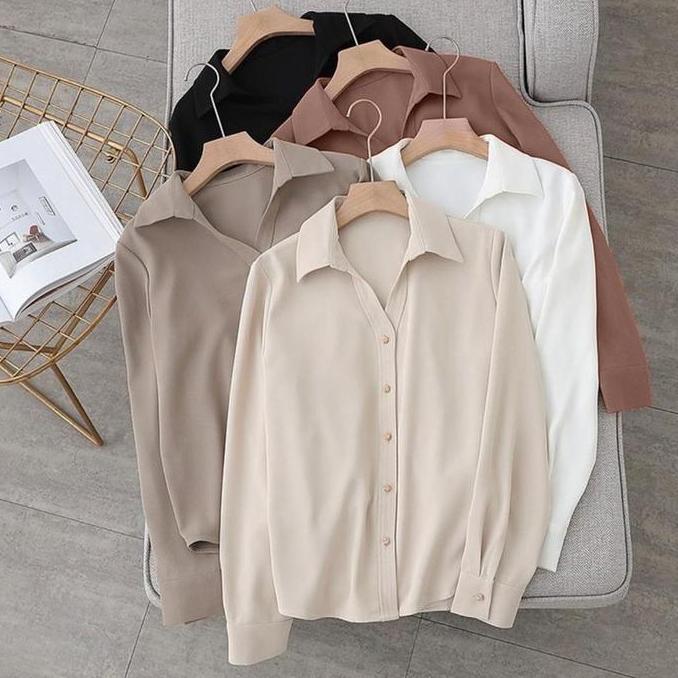 PALING MURAH kemeja monalisa wanita polos lengan panjang Hitam Putih / kemeja otd / kemeja harian wa